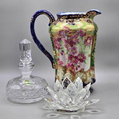 LOT 49: Vintage Porcelain Pitcher, Pair of Shannon Crystal Lotus Flower Candle Holders, and Waterford Crystal Perfume Bottle with...