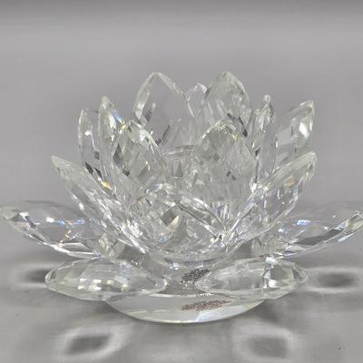 LOT 49: Vintage Porcelain Pitcher, Pair of Shannon Crystal Lotus Flower Candle Holders, and Waterford Crystal Perfume Bottle with...