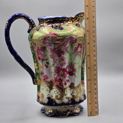 LOT 49: Vintage Porcelain Pitcher, Pair of Shannon Crystal Lotus Flower Candle Holders, and Waterford Crystal Perfume Bottle with...