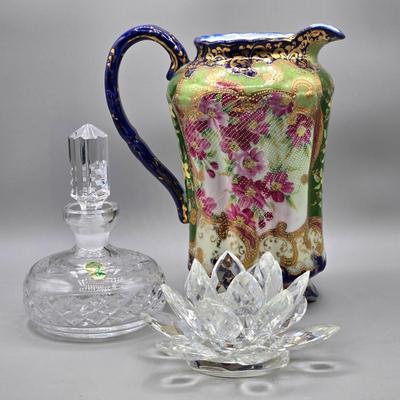 LOT 49: Vintage Porcelain Pitcher, Pair of Shannon Crystal Lotus Flower Candle Holders, and Waterford Crystal Perfume Bottle with...