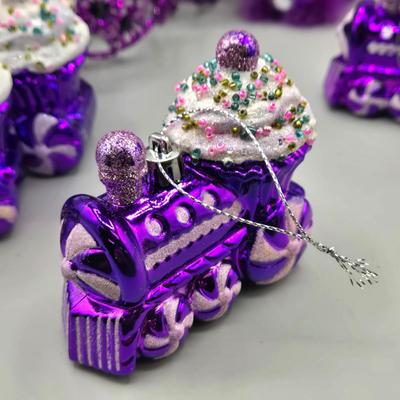 LOT 52: New Ornaments- Purple Cupcake Trains, Wire Balls, High Heel Shoe, Spirals with Bell, and More