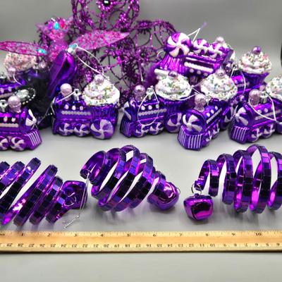 LOT 52: New Ornaments- Purple Cupcake Trains, Wire Balls, High Heel Shoe, Spirals with Bell, and More