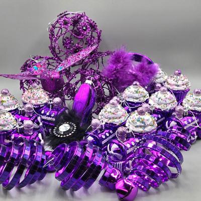 LOT 52: New Ornaments- Purple Cupcake Trains, Wire Balls, High Heel Shoe, Spirals with Bell, and More