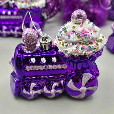 LOT 52: New Ornaments- Purple Cupcake Trains, Wire Balls, High Heel Shoe, Spirals with Bell, and More