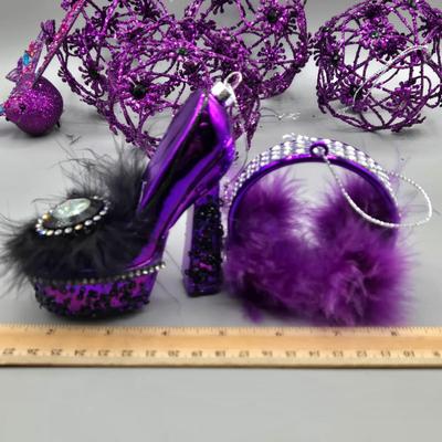 LOT 52: New Ornaments- Purple Cupcake Trains, Wire Balls, High Heel Shoe, Spirals with Bell, and More