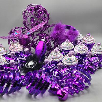 LOT 52: New Ornaments- Purple Cupcake Trains, Wire Balls, High Heel Shoe, Spirals with Bell, and More