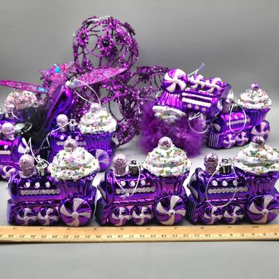LOT 52: New Ornaments- Purple Cupcake Trains, Wire Balls, High Heel Shoe, Spirals with Bell, and More