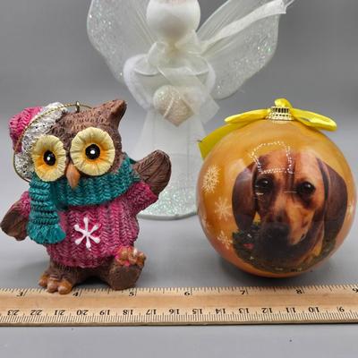 LOT 56: Various Ornaments Including Wooden Santa, Resin Owl, Silver-tone Angels, Dachshund, and More