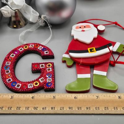 LOT 56: Various Ornaments Including Wooden Santa, Resin Owl, Silver-tone Angels, Dachshund, and More