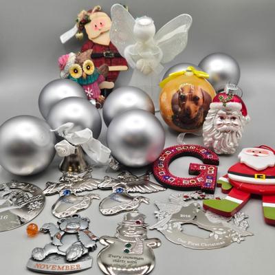 LOT 56: Various Ornaments Including Wooden Santa, Resin Owl, Silver-tone Angels, Dachshund, and More