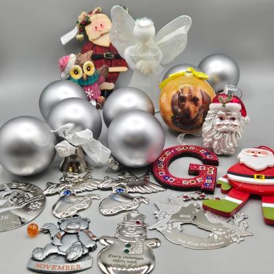 LOT 56: Various Ornaments Including Wooden Santa, Resin Owl, Silver-tone Angels, Dachshund, and More
