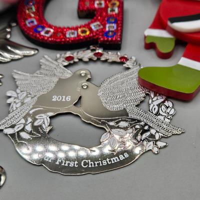 LOT 56: Various Ornaments Including Wooden Santa, Resin Owl, Silver-tone Angels, Dachshund, and More