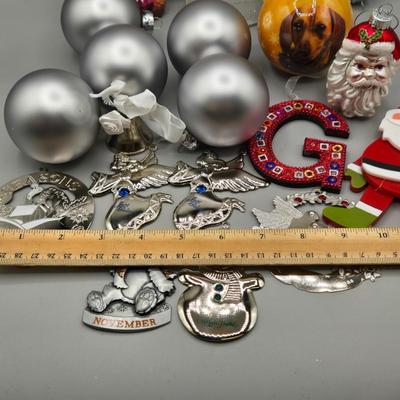 LOT 56: Various Ornaments Including Wooden Santa, Resin Owl, Silver-tone Angels, Dachshund, and More