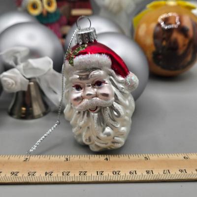 LOT 56: Various Ornaments Including Wooden Santa, Resin Owl, Silver-tone Angels, Dachshund, and More
