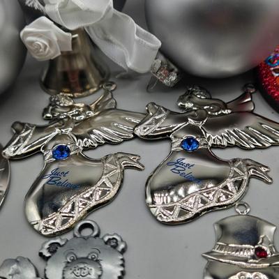 LOT 56: Various Ornaments Including Wooden Santa, Resin Owl, Silver-tone Angels, Dachshund, and More