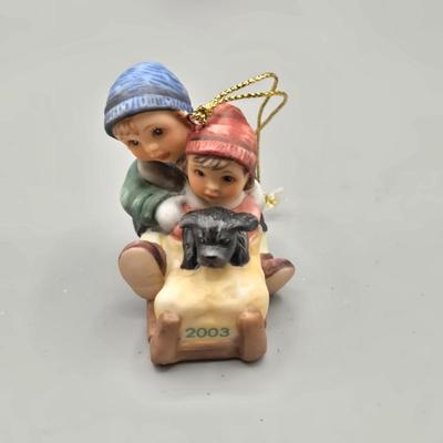 LOT 62: Various New Ornaments Including Elephants, Owls, Bells. Santa, Goebel Berta Hummel AWAY WE GO Children Dog Sled 2003, and More