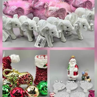 LOT 62: Various New Ornaments Including Elephants, Owls, Bells. Santa, Goebel Berta Hummel AWAY WE GO Children Dog Sled 2003, and More