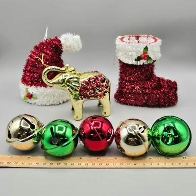 LOT 62: Various New Ornaments Including Elephants, Owls, Bells. Santa, Goebel Berta Hummel AWAY WE GO Children Dog Sled 2003, and More