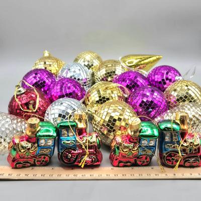 LOT 63: New Ornaments-Disco Balls, Birdhouses, Hummingbirds, Starbursts and More