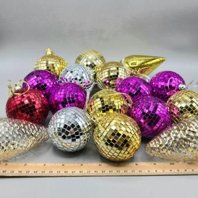 LOT 63: New Ornaments-Disco Balls, Birdhouses, Hummingbirds, Starbursts and More