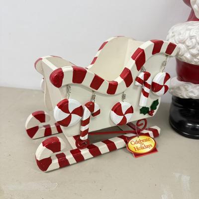 LOT 84: Vintage Ceramic Winking Santa & Small Candy Cane Sleigh