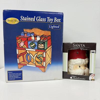 LOT 89: NIP Santa Wax Melter & Stained Glass Lit Toy Box