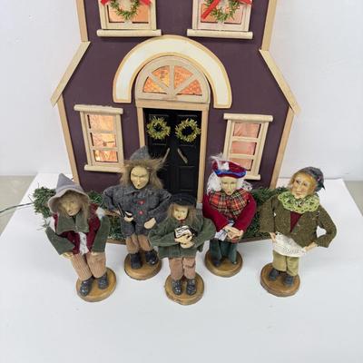 LOT 92: Vintage Handmade Carolers w/ Wood Lit Housefront