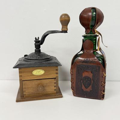 LOT 94: Vintage Coley Wood Products Coffee Mill & Leather Wrapped Bottle