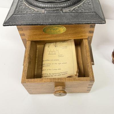 LOT 94: Vintage Coley Wood Products Coffee Mill & Leather Wrapped Bottle