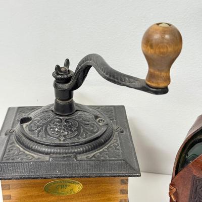 LOT 94: Vintage Coley Wood Products Coffee Mill & Leather Wrapped Bottle