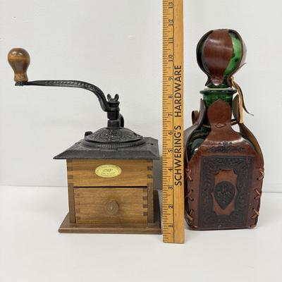 LOT 94: Vintage Coley Wood Products Coffee Mill & Leather Wrapped Bottle