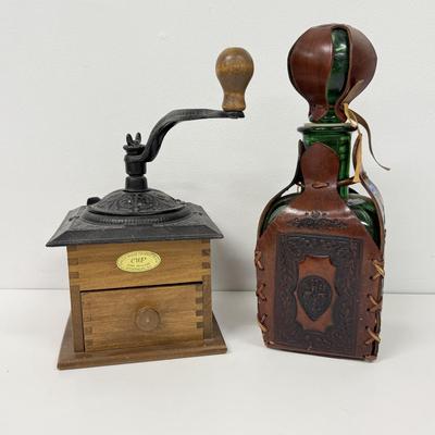 LOT 94: Vintage Coley Wood Products Coffee Mill & Leather Wrapped Bottle