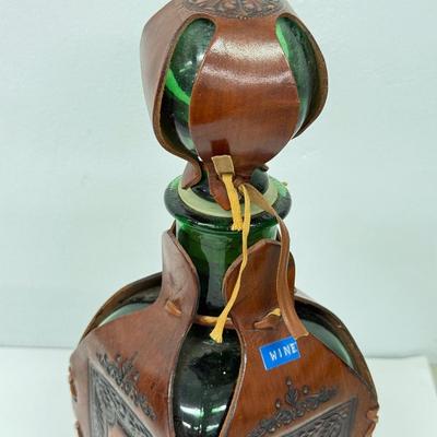 LOT 94: Vintage Coley Wood Products Coffee Mill & Leather Wrapped Bottle