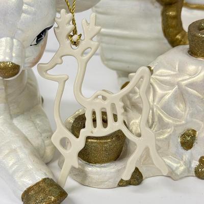 LOT 98: Lenox Reindeer Ornament & White & Gold Ceramic Christmas Decor