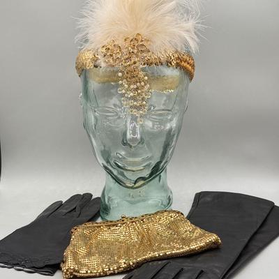 LOT 106: Goldtone Whiting & Davis Mesh Bag, 1920s style Headband & Ladies Gloves