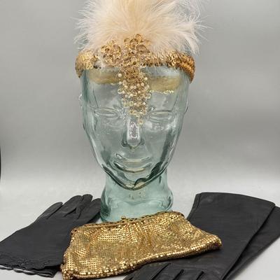 LOT 106: Goldtone Whiting & Davis Mesh Bag, 1920s style Headband & Ladies Gloves
