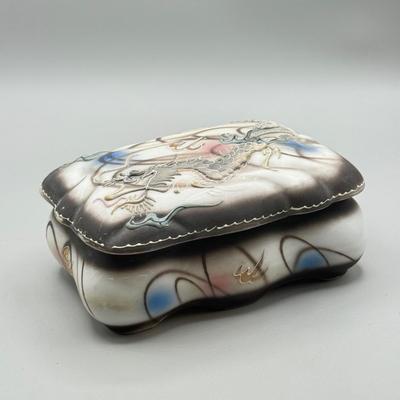 LOT 107: VTG. MCM Japanese Hand Painted Moriage DRAGONWARE Ceramic Candy/Trinket Dish w/lid , pair of Vintage Dragon Ashtrays and...