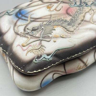 LOT 107: VTG. MCM Japanese Hand Painted Moriage DRAGONWARE Ceramic Candy/Trinket Dish w/lid , pair of Vintage Dragon Ashtrays and...