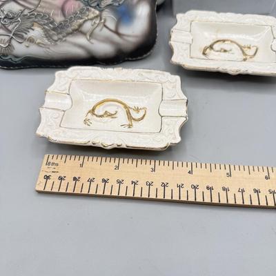 LOT 107: VTG. MCM Japanese Hand Painted Moriage DRAGONWARE Ceramic Candy/Trinket Dish w/lid , pair of Vintage Dragon Ashtrays and...