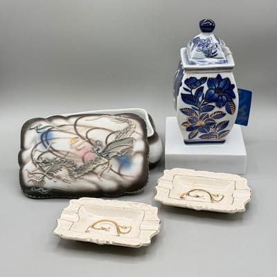 LOT 107: VTG. MCM Japanese Hand Painted Moriage DRAGONWARE Ceramic Candy/Trinket Dish w/lid , pair of Vintage Dragon Ashtrays and...
