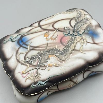 LOT 107: VTG. MCM Japanese Hand Painted Moriage DRAGONWARE Ceramic Candy/Trinket Dish w/lid , pair of Vintage Dragon Ashtrays and...