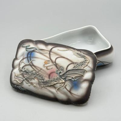 LOT 107: VTG. MCM Japanese Hand Painted Moriage DRAGONWARE Ceramic Candy/Trinket Dish w/lid , pair of Vintage Dragon Ashtrays and...