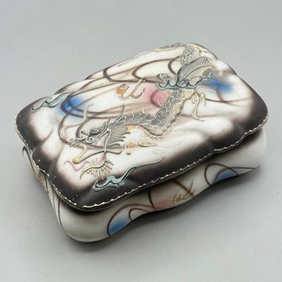 LOT 107: VTG. MCM Japanese Hand Painted Moriage DRAGONWARE Ceramic Candy/Trinket Dish w/lid , pair of Vintage Dragon Ashtrays and...