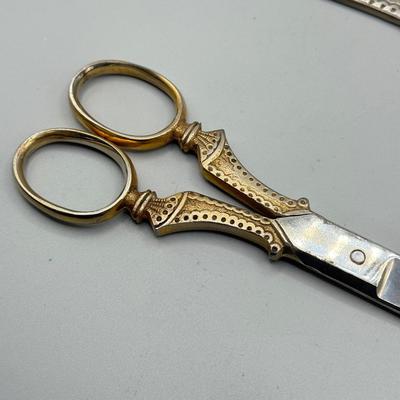 LOT 112: Vintage Griffon Scissors / Letter Opener Set in Lether case & Drafting Slide Ruler in Leather Case