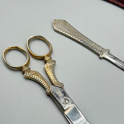 LOT 112: Vintage Griffon Scissors / Letter Opener Set in Lether case & Drafting Slide Ruler in Leather Case