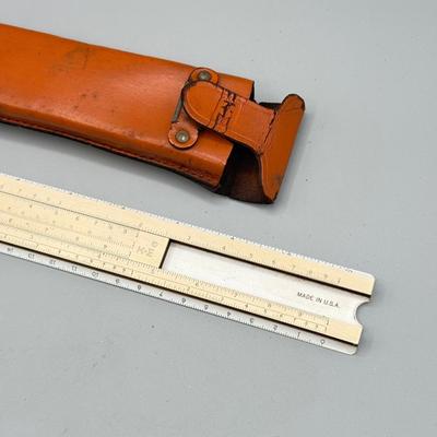 LOT 112: Vintage Griffon Scissors / Letter Opener Set in Lether case & Drafting Slide Ruler in Leather Case