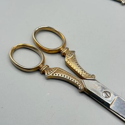 LOT 112: Vintage Griffon Scissors / Letter Opener Set in Lether case & Drafting Slide Ruler in Leather Case