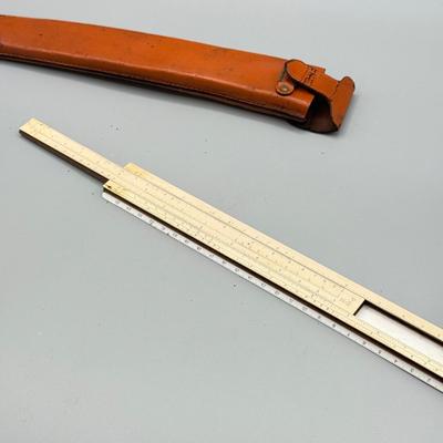 LOT 112: Vintage Griffon Scissors / Letter Opener Set in Lether case & Drafting Slide Ruler in Leather Case