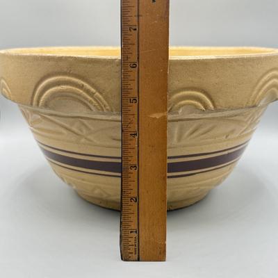LOT 116: Antique Large Primative Yellowware Brown Band Pottery Mixing Bowl