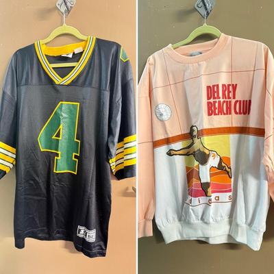 LOT 119: Size 52/XL Brett Favre Packers Jersey & 1980s Style Del Rey Beach Club Long Sleeve TShirt